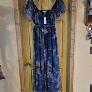 Baltic Born Nicola Tulle Maxi Dress Dark Blue Floral Tulle Polyester Size XL New